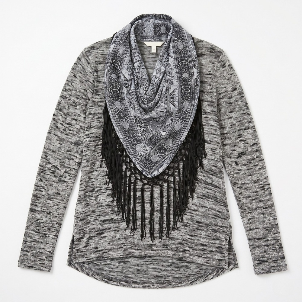 One World Fringe Scarf Top Womens Medium Gray Marled‎ Knit Boho Paisley Pullover - Picture 2 of 9